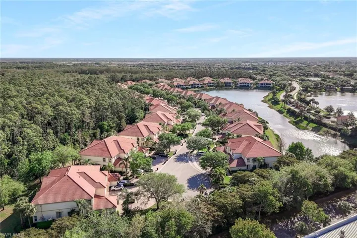 Birds eye view of property with a water view and a residential view