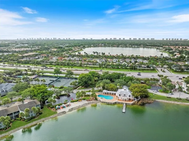 Bird's eye view of skyline and a nearby Community Lake