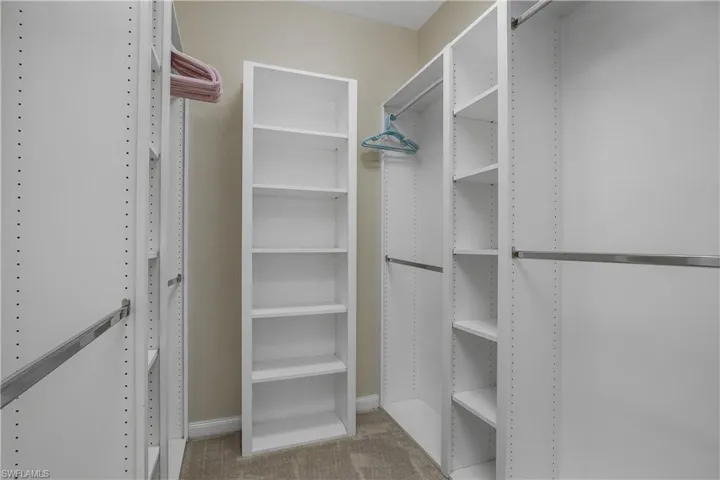 Walk in closet with light colored carpet
