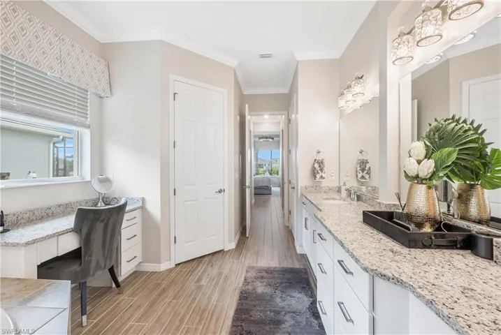 Bathroom with vanity, hardwood / wood-style flooring, crown molding, and a healthy amount of sunlight