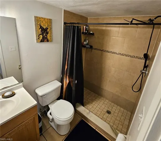 Bathroom with vanity, a shower with curtain, and toilet