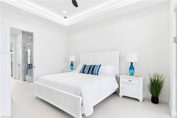 Recessed ceiling lighting, tray ceiling detail, ceiling fan, and a pocket door with a glass panel