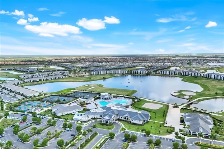 Aerial view of a nearby body of water and a golf club