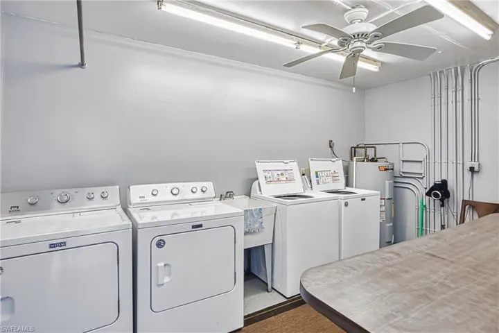Complimentary laundry area featuring multiple appliances, a utility sink, and a ceiling fan