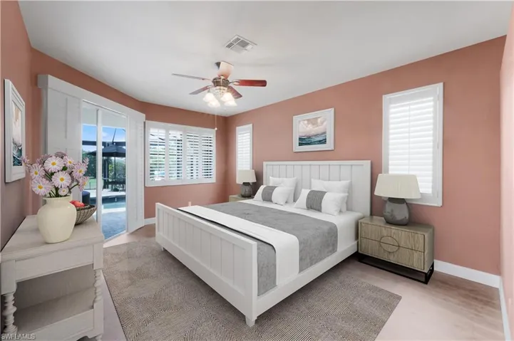 Bedroom with light wood-style flooring, access to exterior, baseboards, visible vents, and a ceiling fan