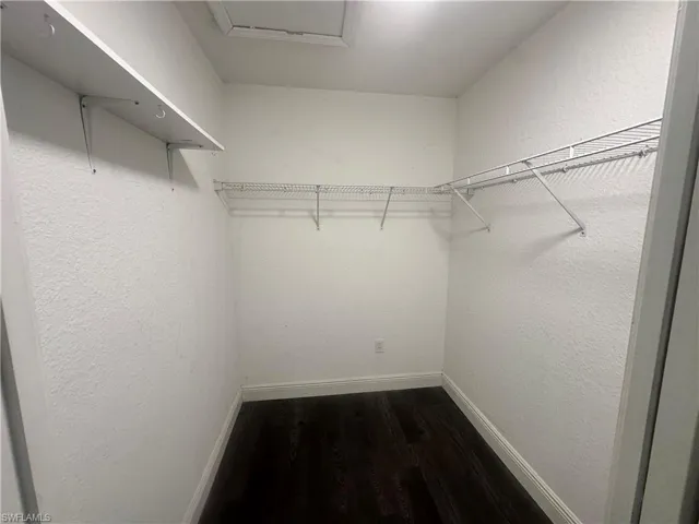 Walk in closet featuring dark wood-style floors