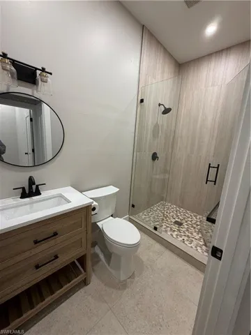 Full bath with vanity and a stall shower