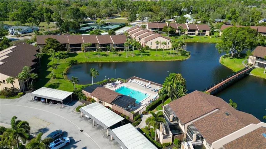 Aerial view of a large body of water and a pool area