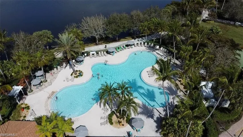 Drone View of swimming pool featuring a patio