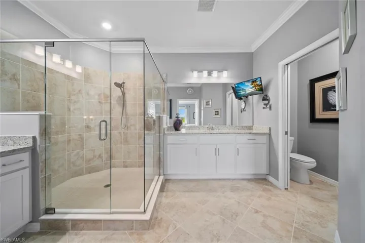 Bathroom featuring vanity, toilet, ornamental molding, and a shower with door