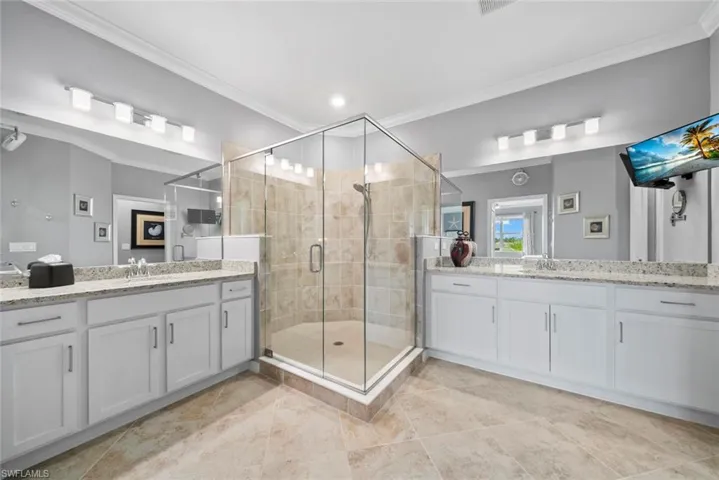Bathroom featuring vanity, ornamental molding, and a shower with shower door