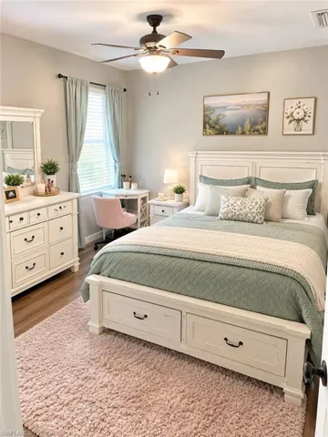 Wood-finish flooring, ceiling fan with integrated lighting, and a window with blinds
