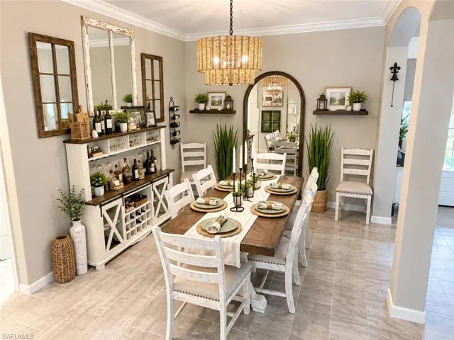 Crown molding accentuates the ceiling