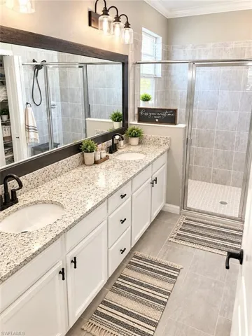 Dual vanity with undermount sinks and stone countertops