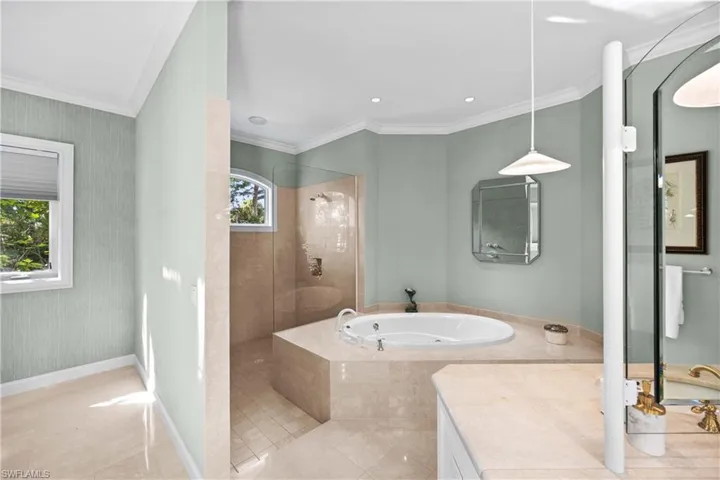 Bathroom featuring separate shower and tub, a healthy amount of sunlight, and ornamental molding