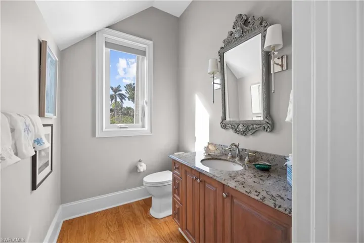 Bathroom with wood-type flooring, vanity, toilet, and vaulted ceiling