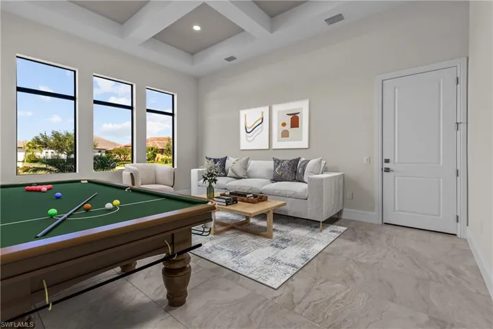 Recreation room featuring billiards, coffered ceiling, and beam ceiling