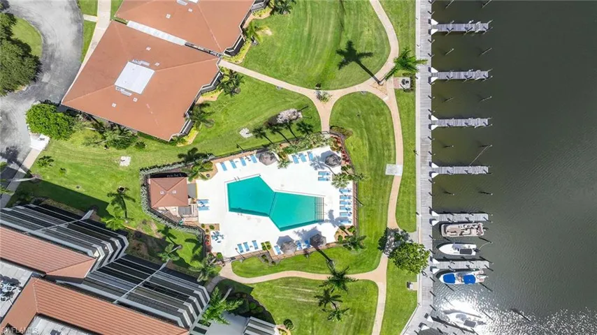 Aerial view of a nearby body of water