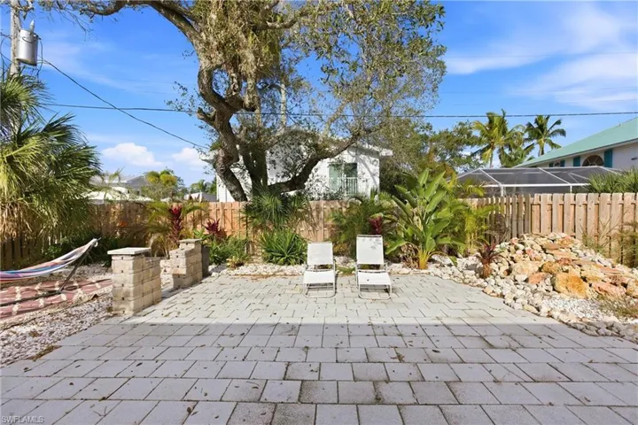 Fenced backyard with a patio area