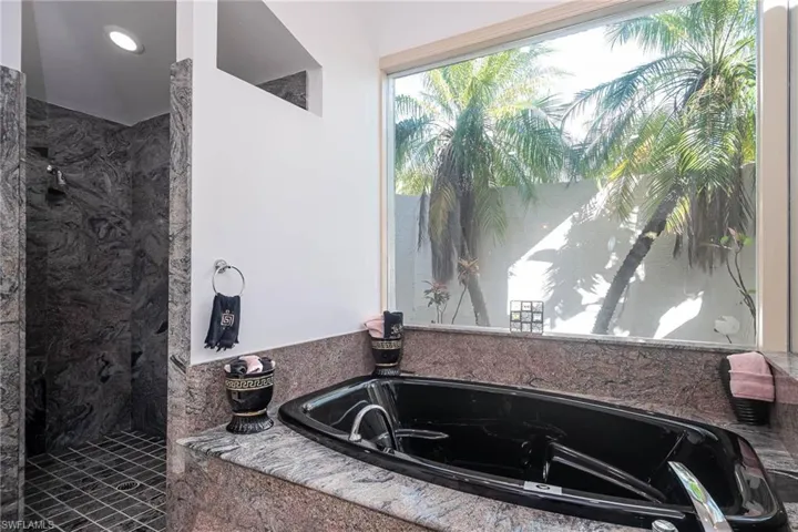 Walk in shower & Garden Tub with big picture window and privacy wall.