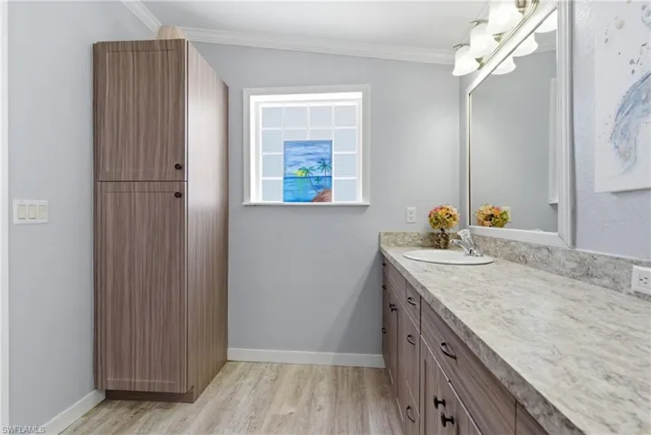 Bathroom featuring vanity, crown molding, and light wood-type flooring