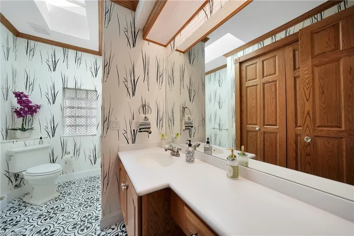 Bathroom featuring vanity, toilet, and a skylight