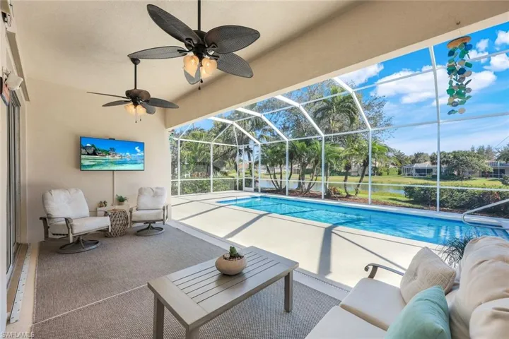 Screened lanai featuring a swimming pool, covered patio, and water frontage