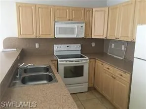 Kitchen featuring light wood-finish cabinetry, a built-in microwave, a white electric range, and a double basin stainless steel sink