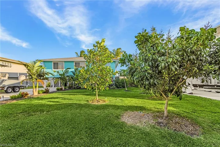 Lush green lawn with mature trees and tropical plantings, featuring a vibrant turquoise exterior and a concrete driveway