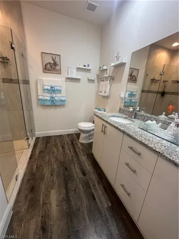 Bathroom featuring a stall shower, vanity, and dark wood-style floors
