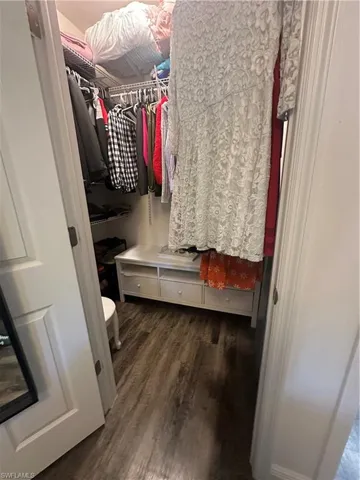 Walk in closet with dark wood-style flooring