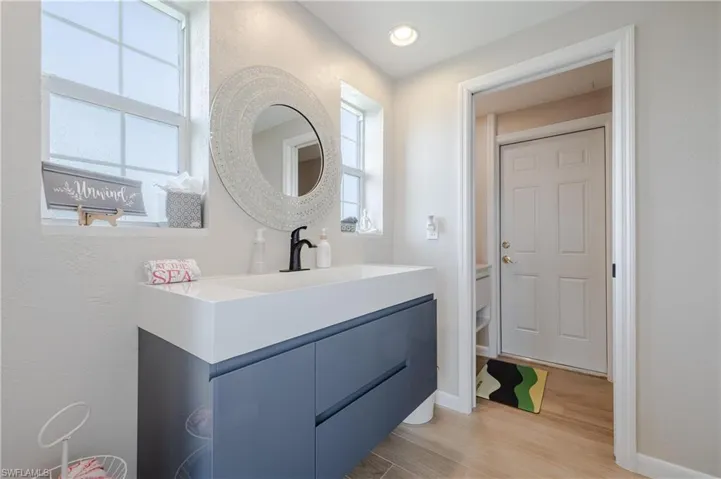 Bathroom with wood-type flooring and vanity