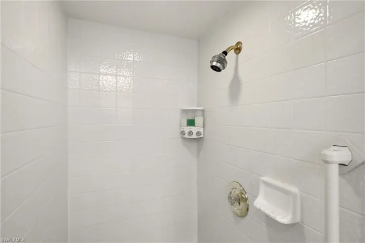 Bathroom view of a tile shower