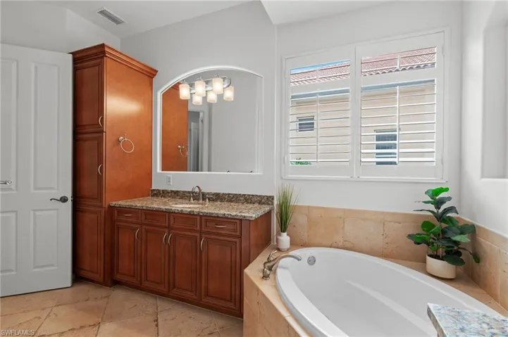Full bath featuring a bath, visible vents, a healthy amount of sunlight, and vanity
