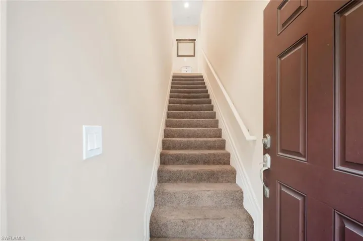 Staircase featuring carpet floors