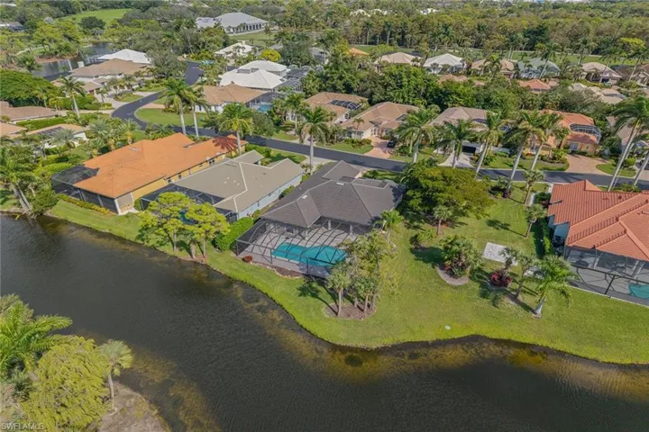 Aerial perspective of suburban area featuring a large body of water