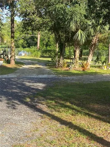 View of dirt / gravel road with view of wooded area