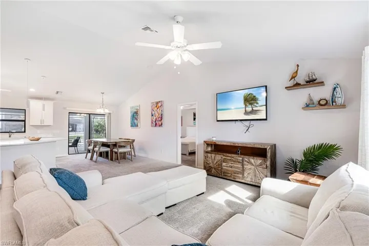 Great Room seamlessly connects the living, dining, and kitchen areas