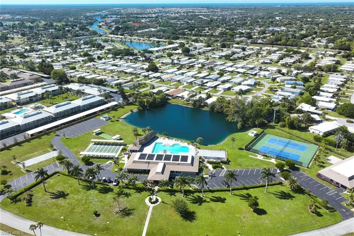 Aerial view of property's location featuring a pool and a large body of water