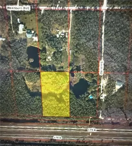 Aerial overview of property's location with property parcel outlined