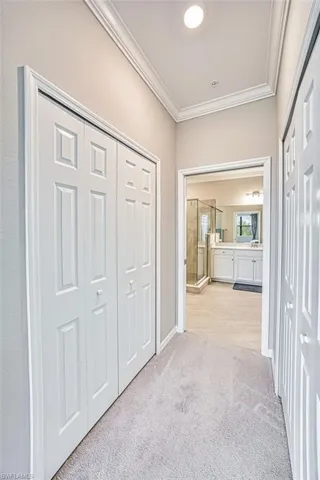 Hall with crown molding and light carpet 2 walk in closets