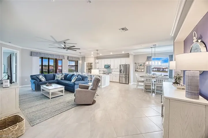 large great room/kitchen/dining tile floors on the diagonal