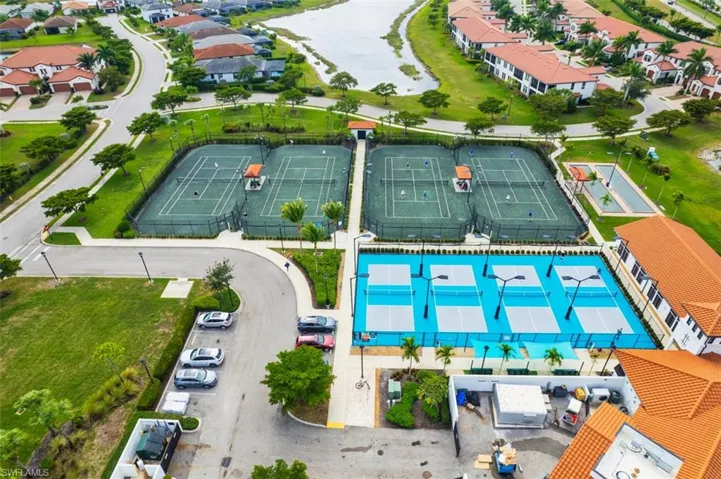Aerial view Town Center with lighted Pickleball, tennis & bocce courts