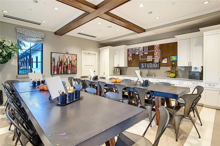 Hobby/craft room with beamed ceiling, recessed lighting, and coffered ceiling
