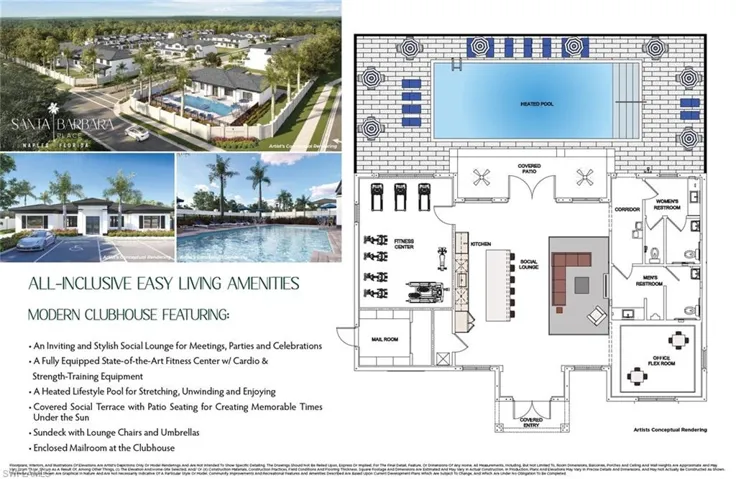 Architectural rendering and floor plan of amenities available.
