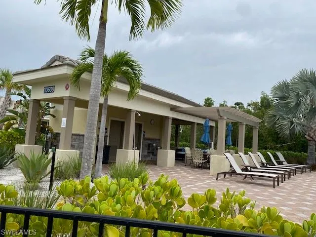 Seating & restrooms at community pool at end of street