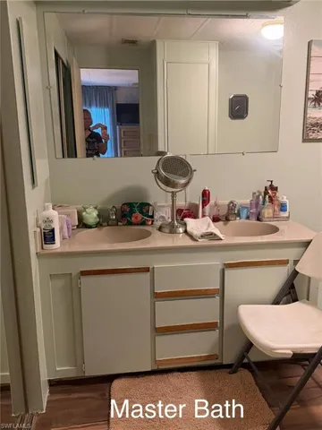 Bathroom with double vanity and dark wood-style flooring
