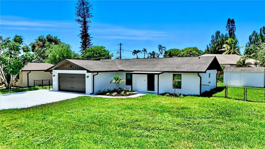 View of front of property featuring concrete driveway, an attached garage, a shingled roof, and stucco siding