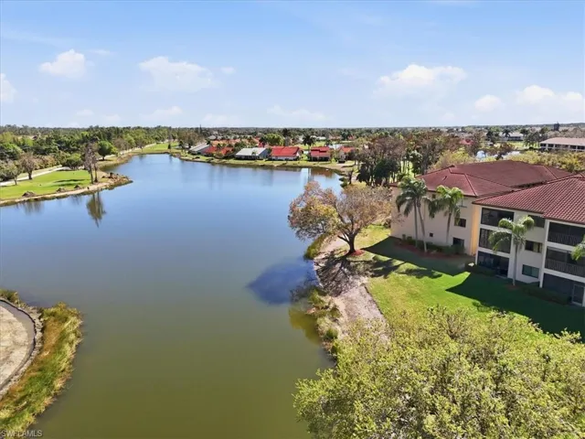 Bird's eye view of a nearby body of water and a tree filled landscape