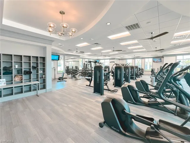 Gym featuring carpet floors, plenty of natural light, and a chandelier